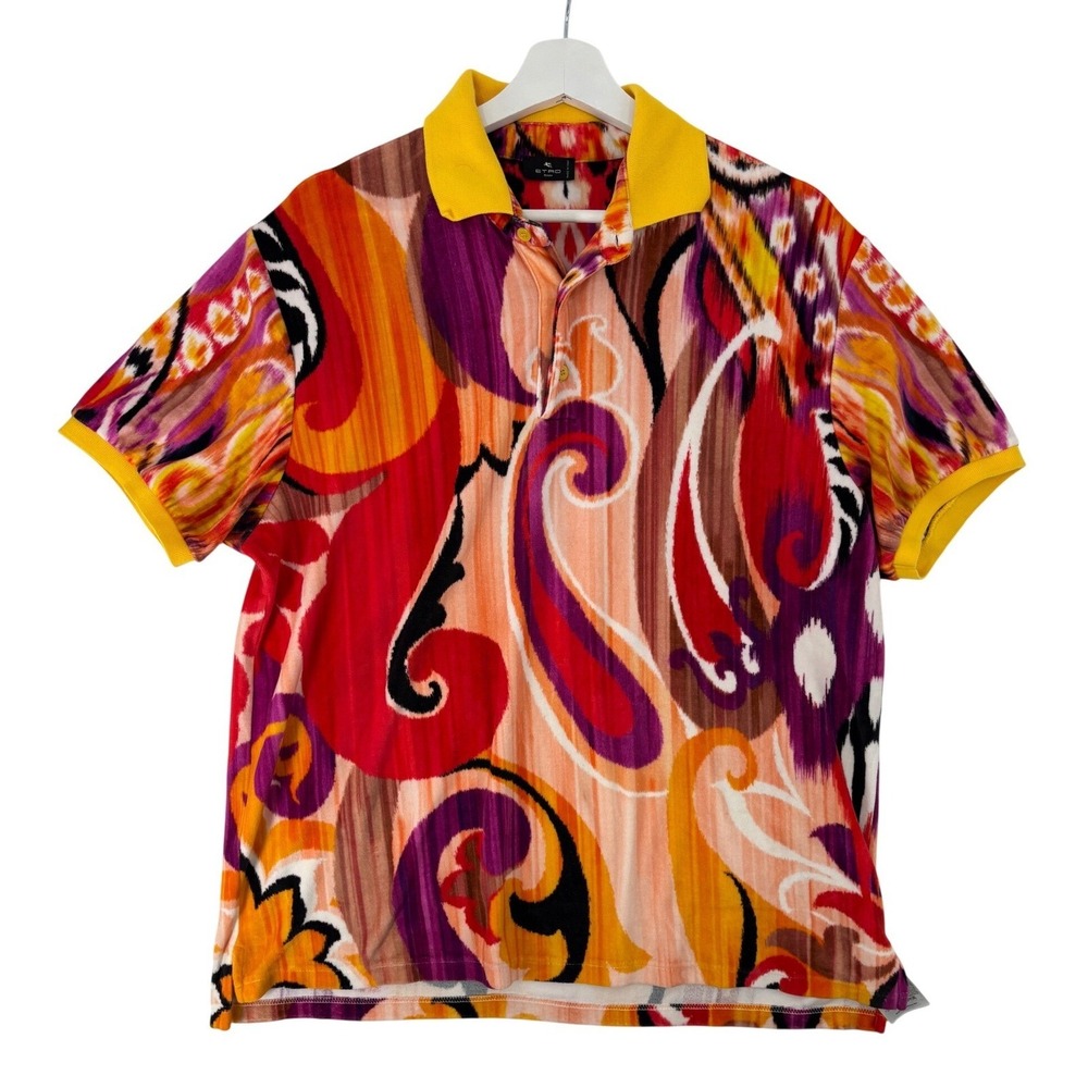 Etro Paisley Terry Polo Shirt Mens XL Multi Color‎ Velvet Ikat Made in Italy